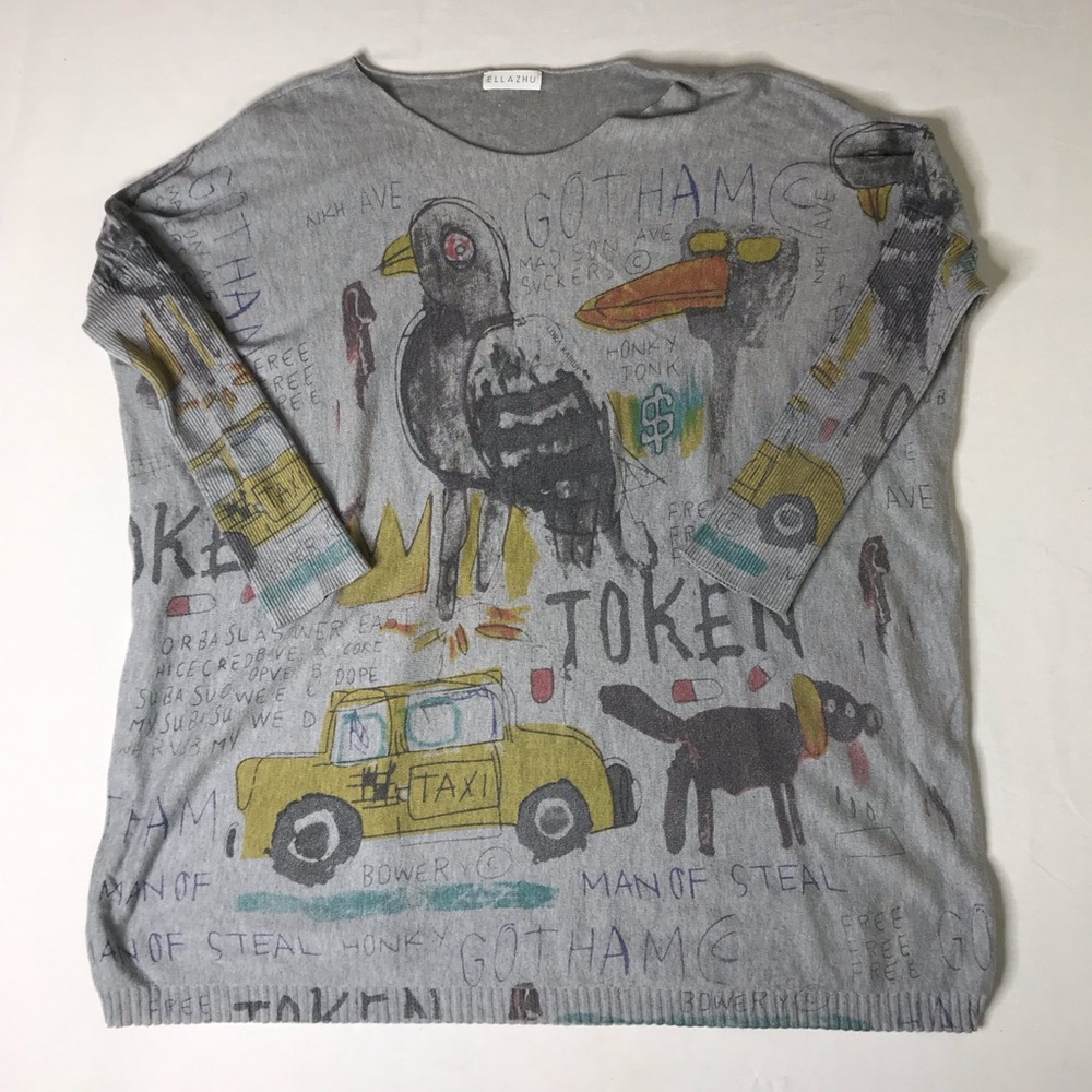 Ellazhu Gray Graphic Print Ladies Lightweight Oversized Sweater
